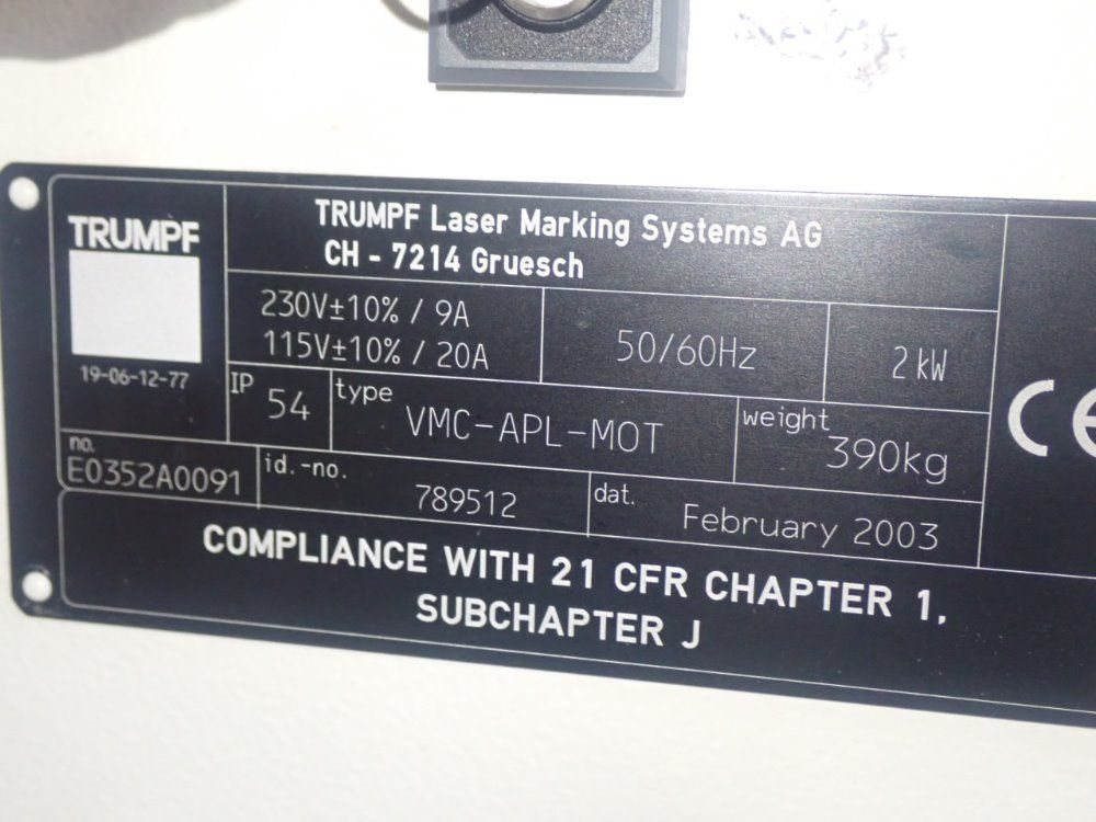 Trumpf 15" X 20" Table Vmc-apl-mot Laser Marking System - Vmc-apl-mot