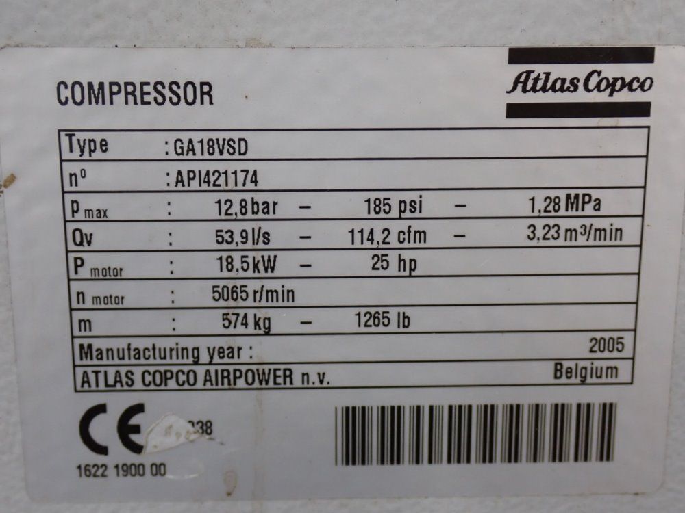 Atlas Copco 18.5 Kw/ 25 Hp Ga18vsd Air Compressor - Ga18vsd