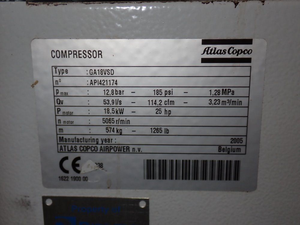 Atlas Copco 18.5 Kw/ 25 Hp Ga18vsd Air Compressor - Ga18vsd