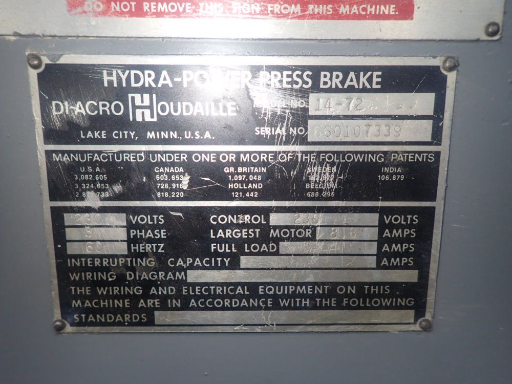 Di-acro/houdaille 72" 14-72 Press Brake - 14-72