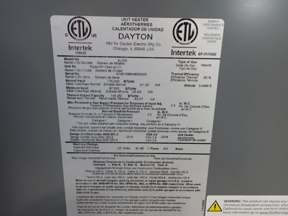 Dayton 145,250 Btu Natural Gas Unit Heater - 4lx58