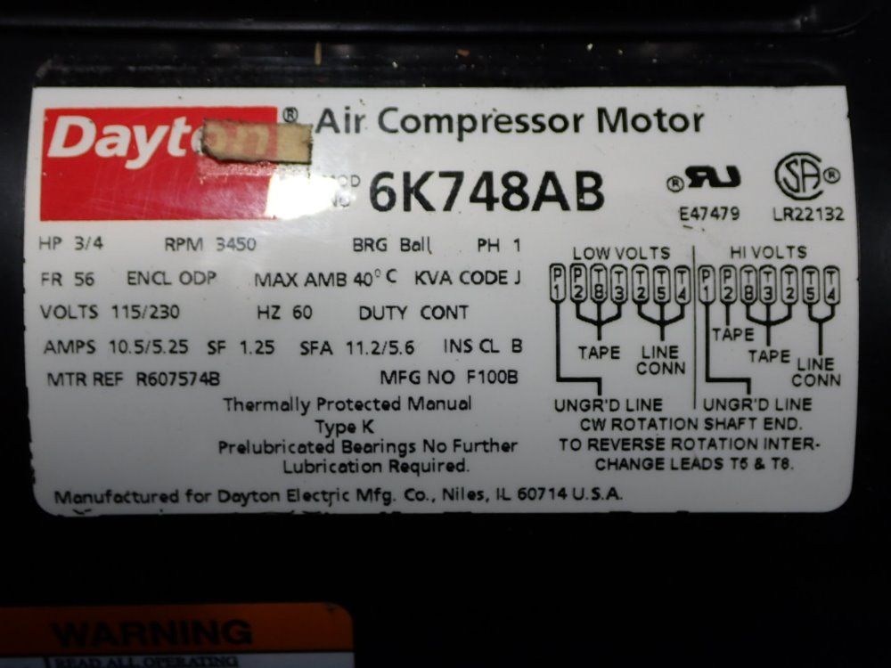 Dayton 3450 Rpm Air Compressor Motor - 6k748ab