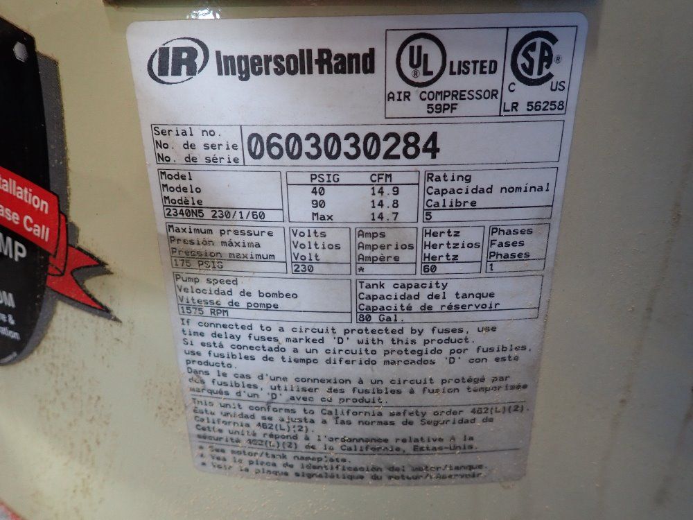 Ingersroll Rand 5hp Air Compressor - 2340n5