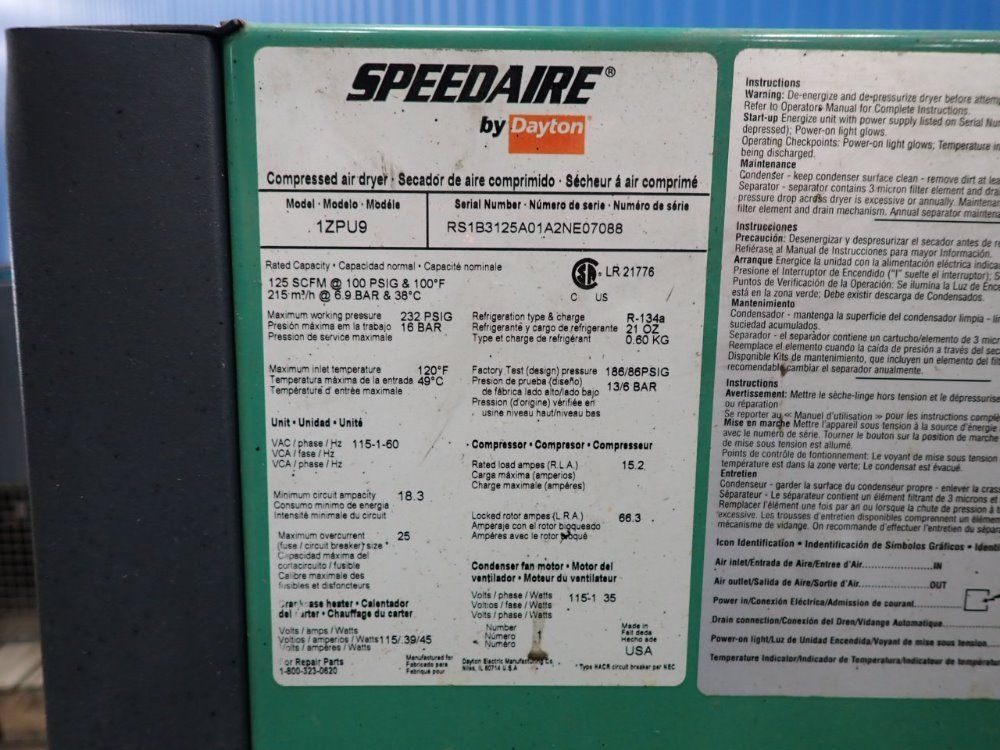 Speedaire 125scfm @ 100psig Air Dryer - 1zpu9
