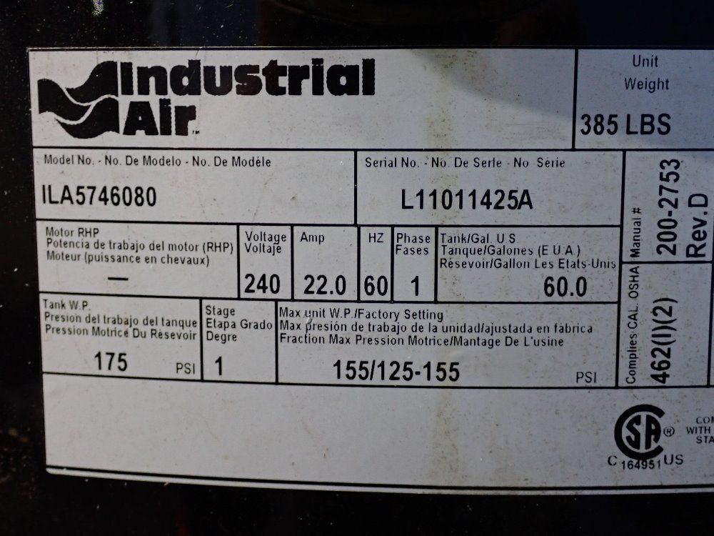 Industrial Air 175 Psi (working Pressure) Air Compressor - Ila5746080
