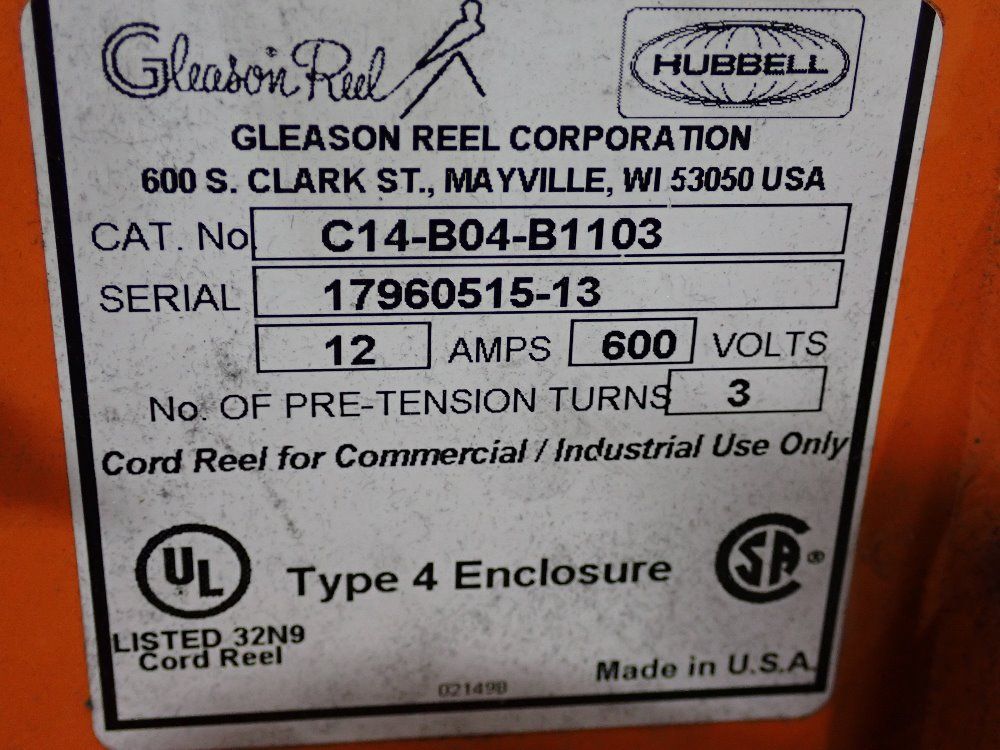 Gleason Reel Corp. 20 Feet Of 4/cond Retractable Electric Hose Reel - C14-b04-b1103
