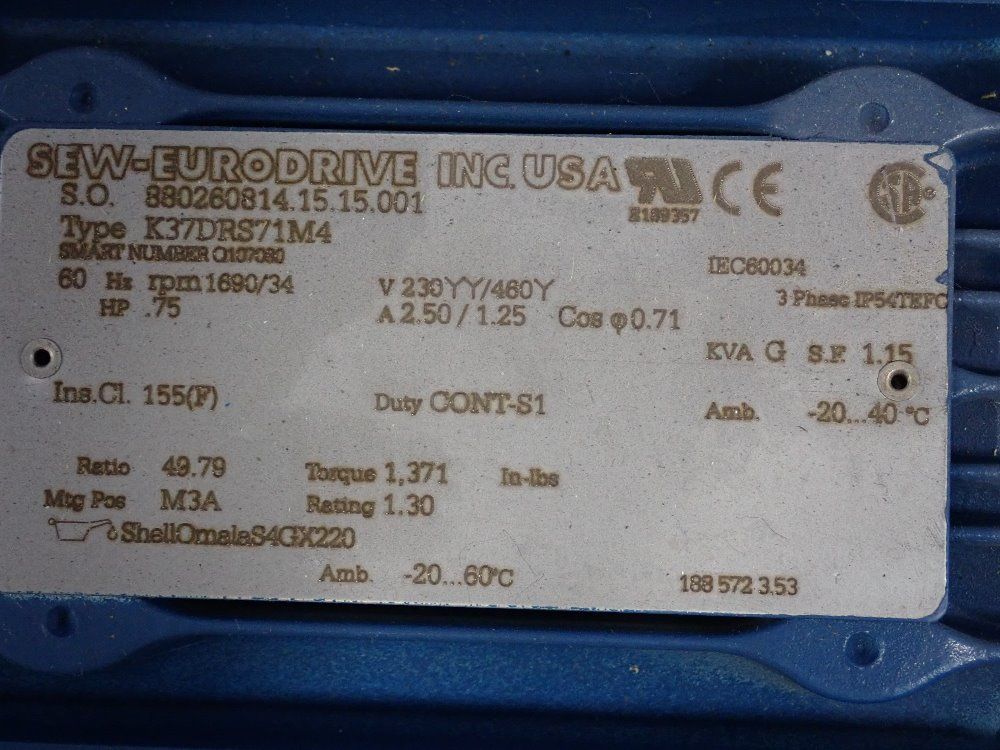 Sew Eurodrive Inc. .75 Hp Gear Motor - K37drs71m4