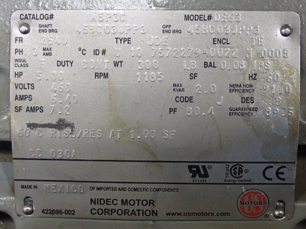 Nidec 5hp, 1185rpm Motor - A5p3c
