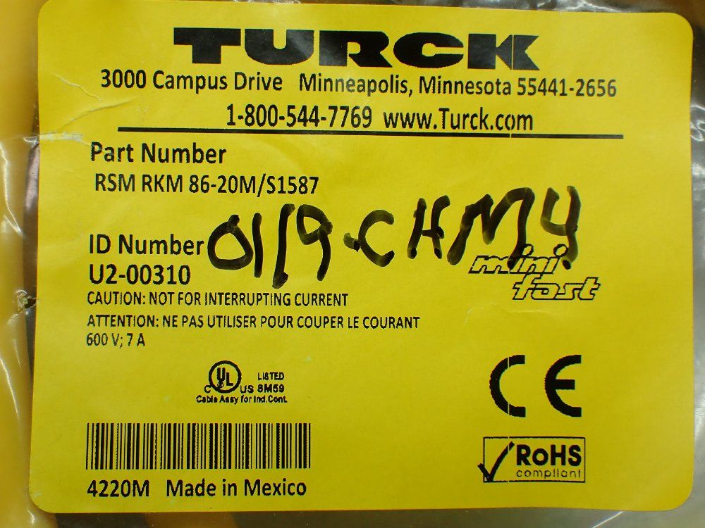 Turck 20 Meters Mini-fast Extension Cable. U2-00310 - Rsm Rkm 86-20m/s1587