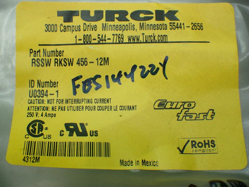 Turck 12 Meters Profibus Dp Double Ended Cordset. U0394-1 - Rssw Rksw 456-12m