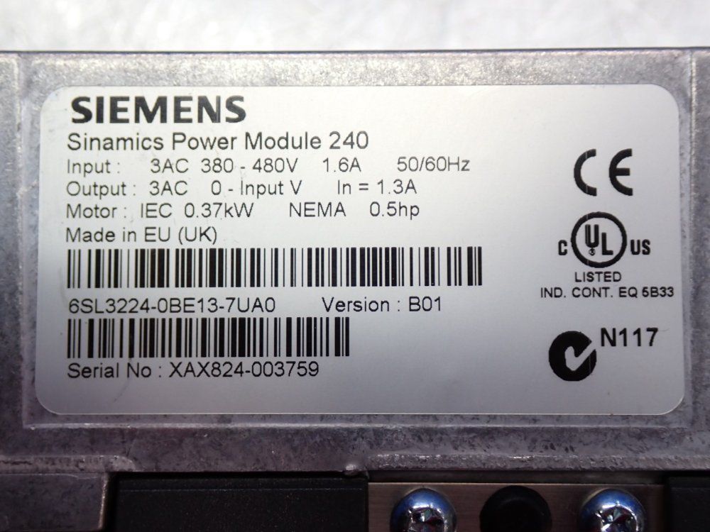 Siemens 0.5hp Sinamics Power Module 240 Ver.b01 - 6sl3224-0be13-7ua0
