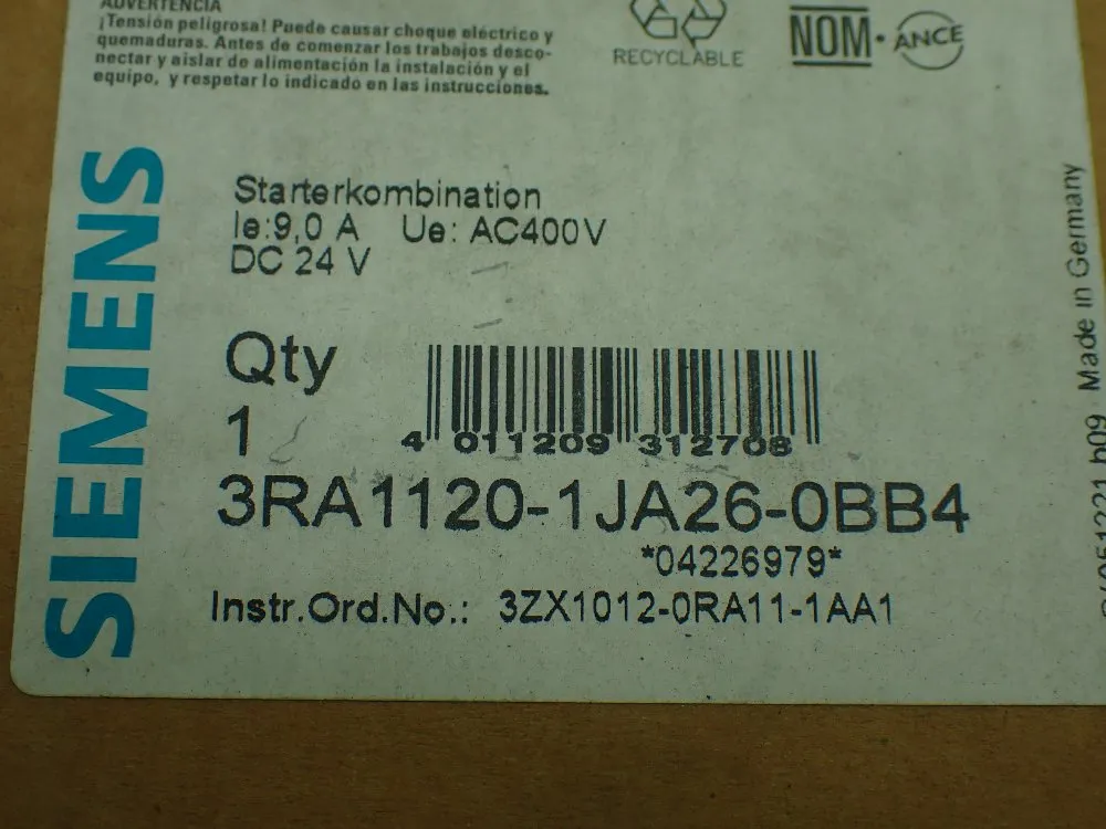 Siemens 24vdc Combination Starter. - 3ra1120-1ja26-0bb4