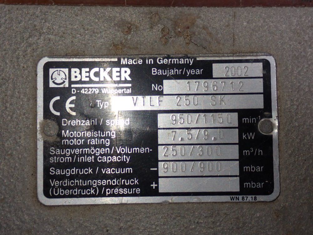 Becker 2002 Becker Vtlf 250 Sk Vacuum Pump