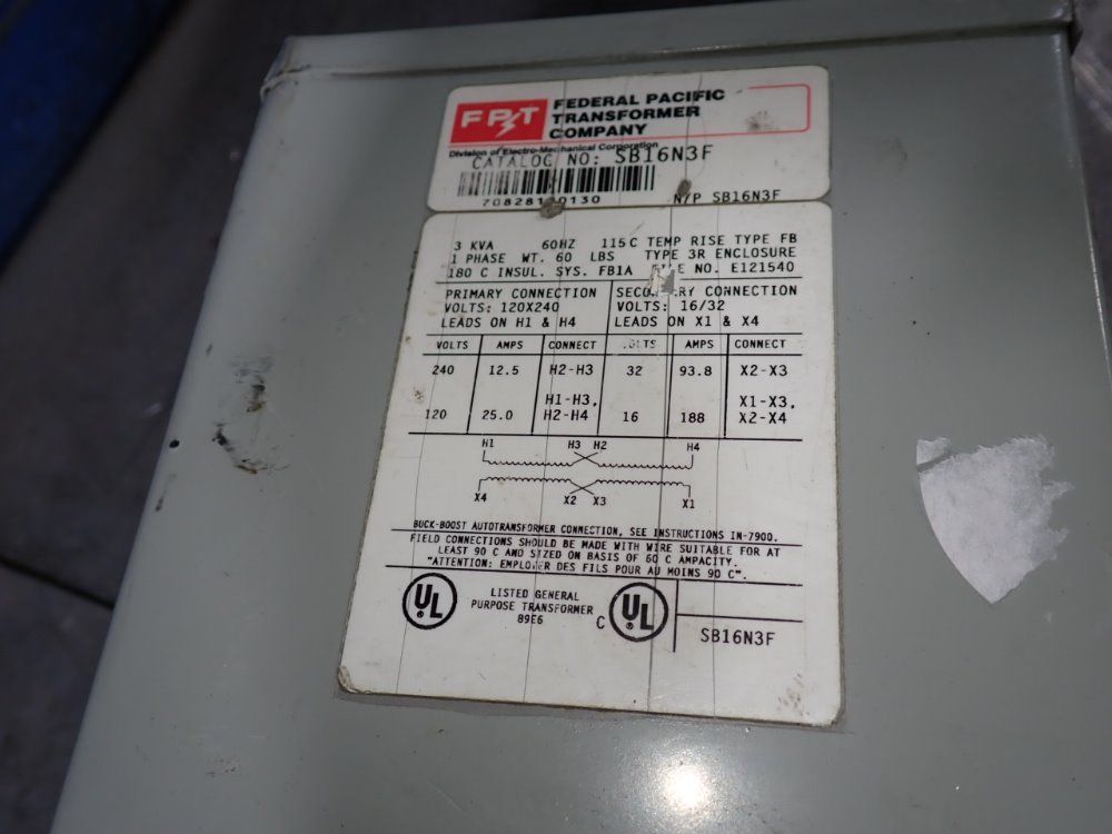 Federal Pacific Transformer Company 3 Kva Transformer - Sb16n3f