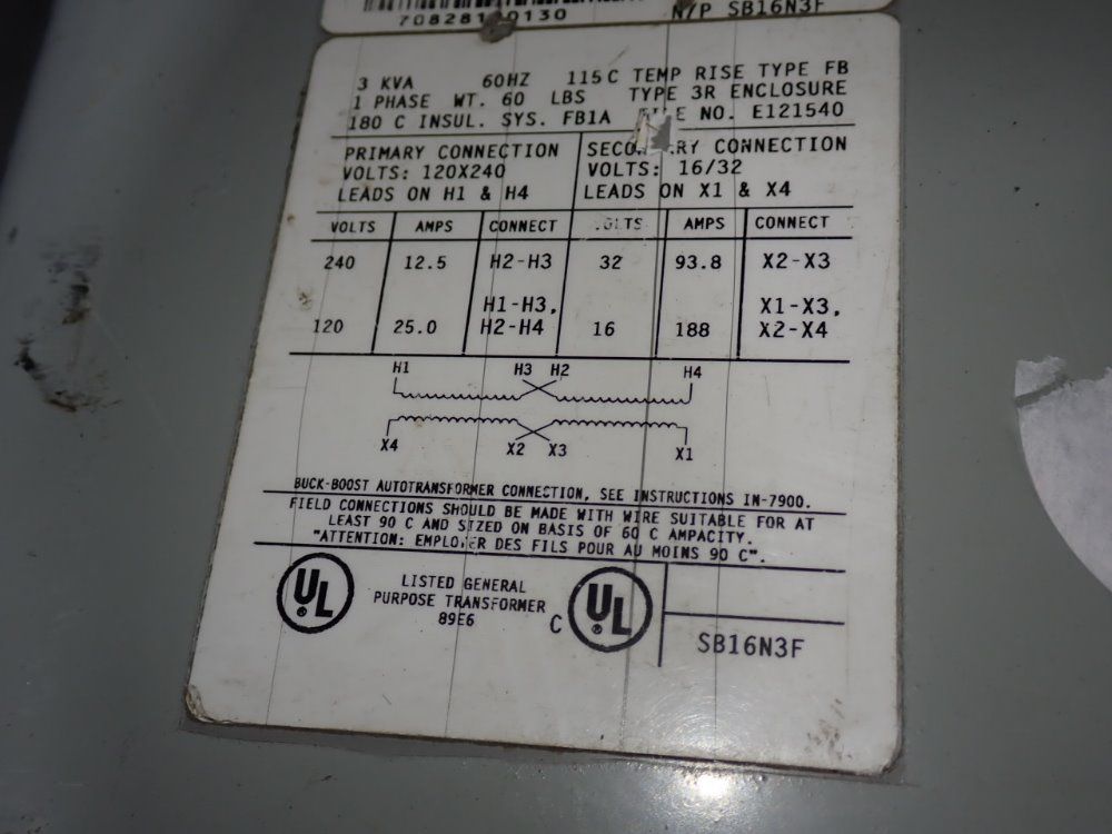Federal Pacific Transformer Company 3 Kva Transformer - Sb16n3f