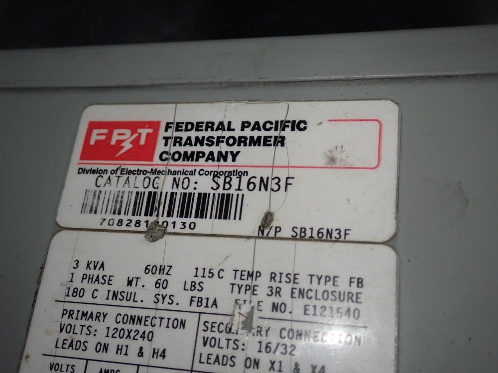 Federal Pacific Transformer Company 3 Kva Transformer - Sb16n3f