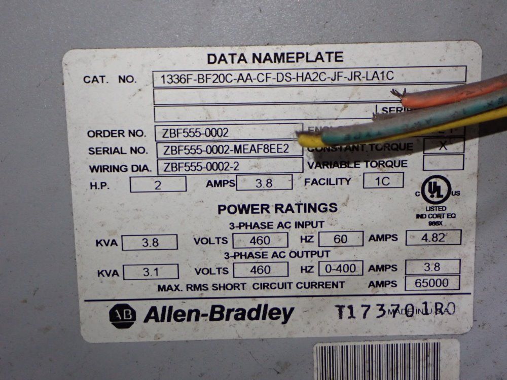 Allen Bradley Control Cabinet - 1336f-bf20c-aa-cf-ds-ha2c-jr-la1c