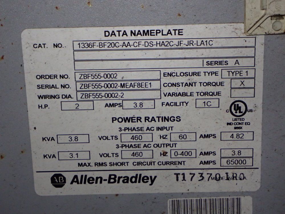Allen Bradley Control Cabinet - 1336f-bf20c-aa-cf-ds-ha2c-jf-jr-la1c