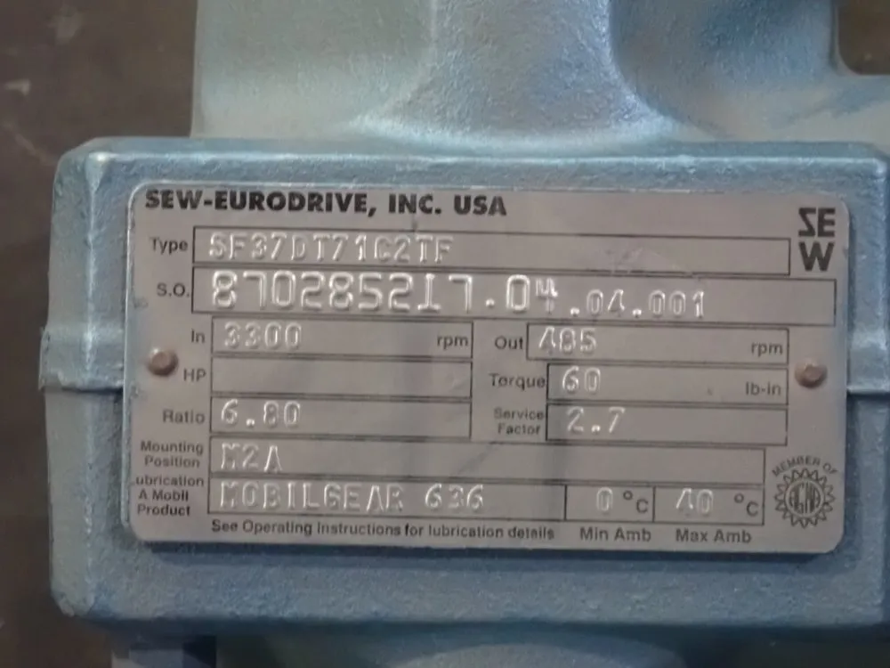 Sew-eurodrive .5 Hp Gear Drive - Sf37dt71c2tf