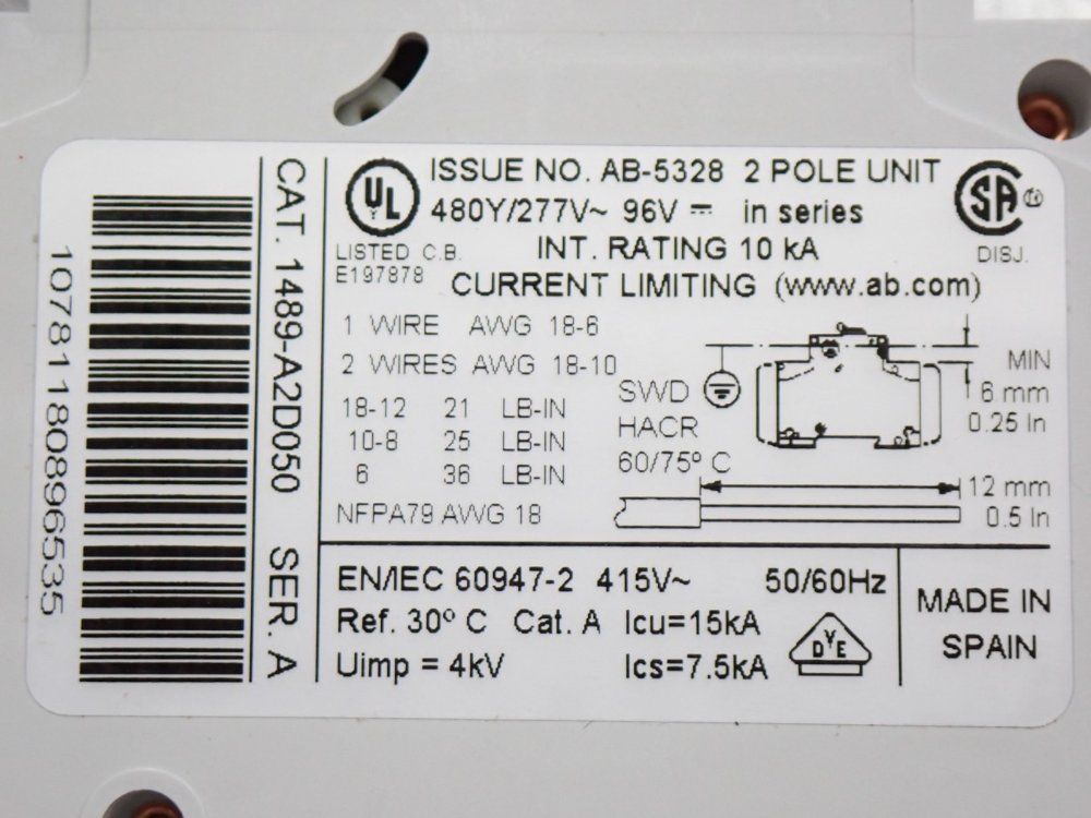 Allen Bradley Industrial Circuit Breaker - 1489-a2d050