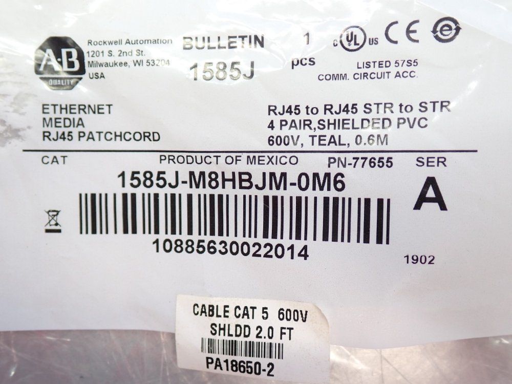 Allen Bradley Ethernet Cable Unit Cat 5 - 1585j-m8hbjm-0m6