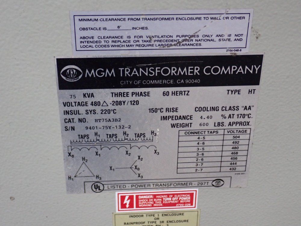 Mgm Transformer Co. 75 Kva Transformer - Ht75a3b2