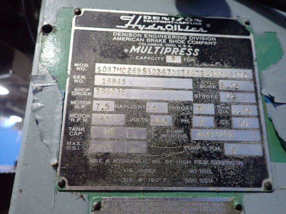 Denison 8 Ton Hydraulic Press - S087mc26955d267d276a72a46ls205