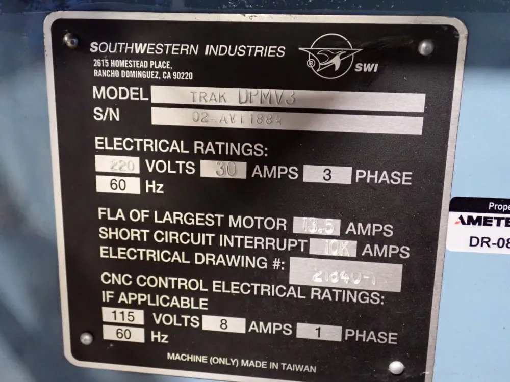 Southwestern Industries 50" X 10" 3 Axis Cnc Milling Machine - Trak Dpmv3