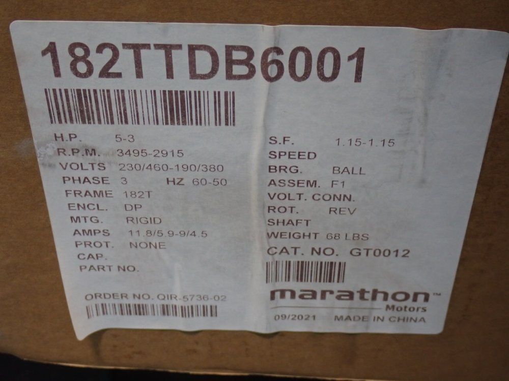 Marathon Motors 5 Hp Motor - 182ttdb6001