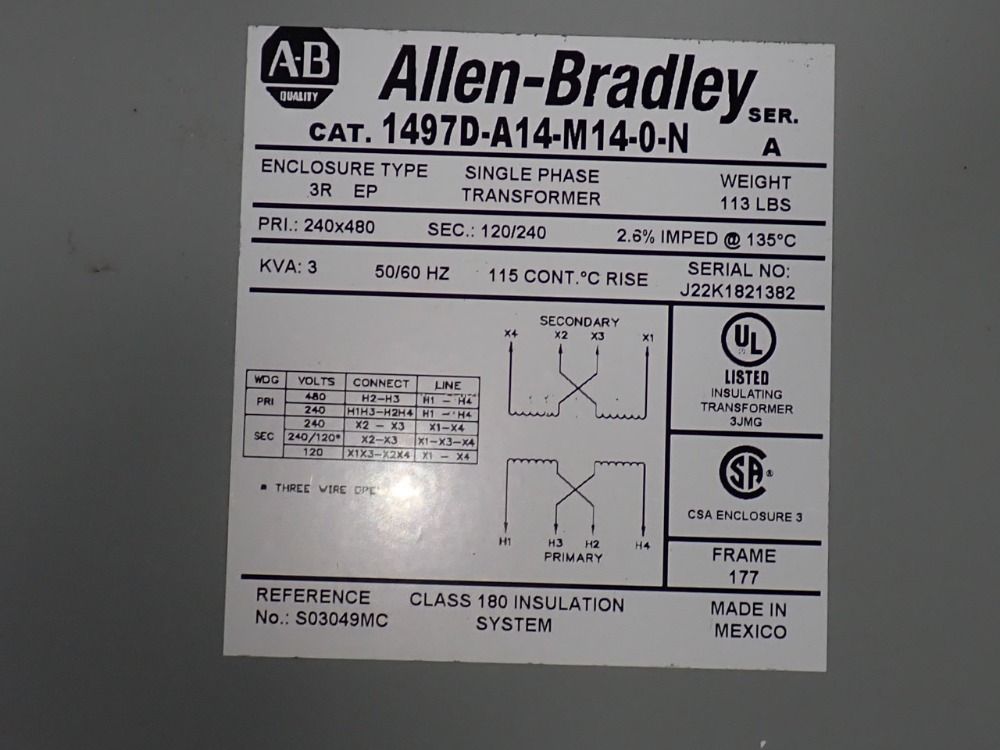 Allen Bradley 3 Kva Transformer - 1497d-a14-m14-0-n