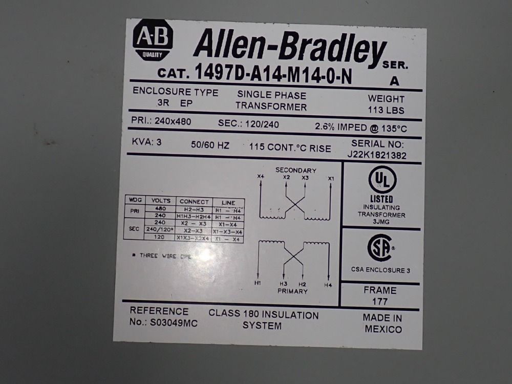 Allen Bradley 3 Kva Transformer - 1497d-a14-m14-0-n