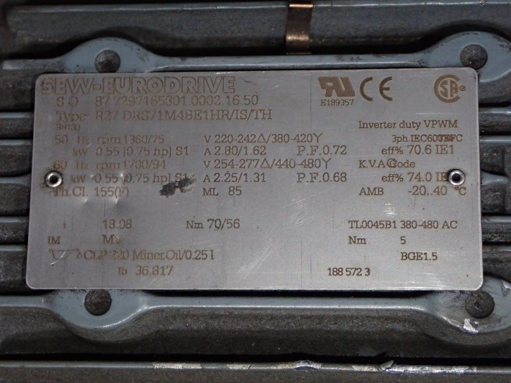 Sew Eurodrive .75 Hp Gear Drive - R27 Drs71m4be1hr/is/th