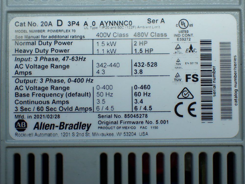 Allen-bradley 2hp Powerflex 70 Ac Servo Drive - 20ad3p4a0aynnnc0