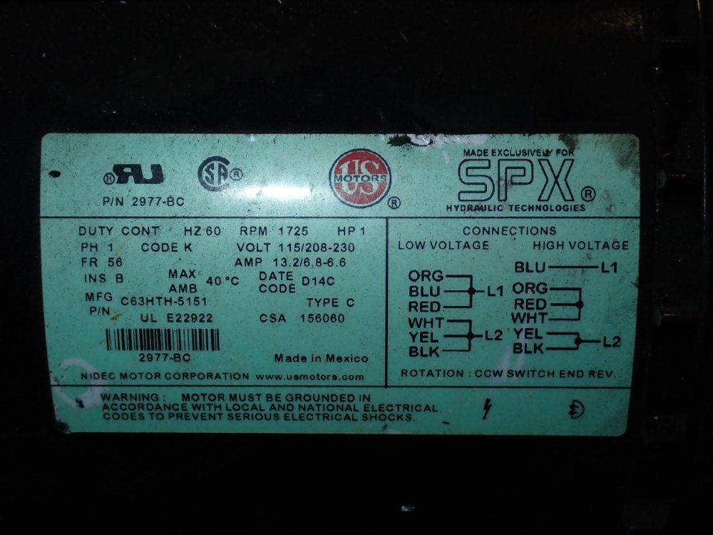 Spx Us Motors 1 Hp Hydraulic Pump - 2977-bc