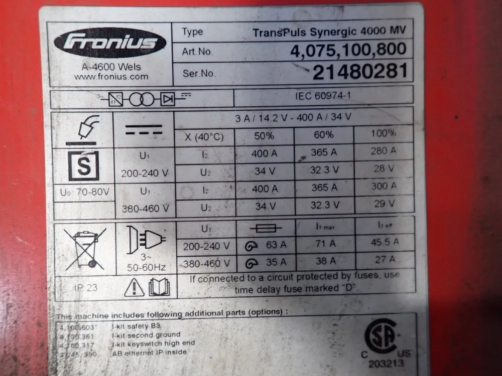 Fronius 400 Amps Welding Power Source - Transpuls Synergic 4000 Mv