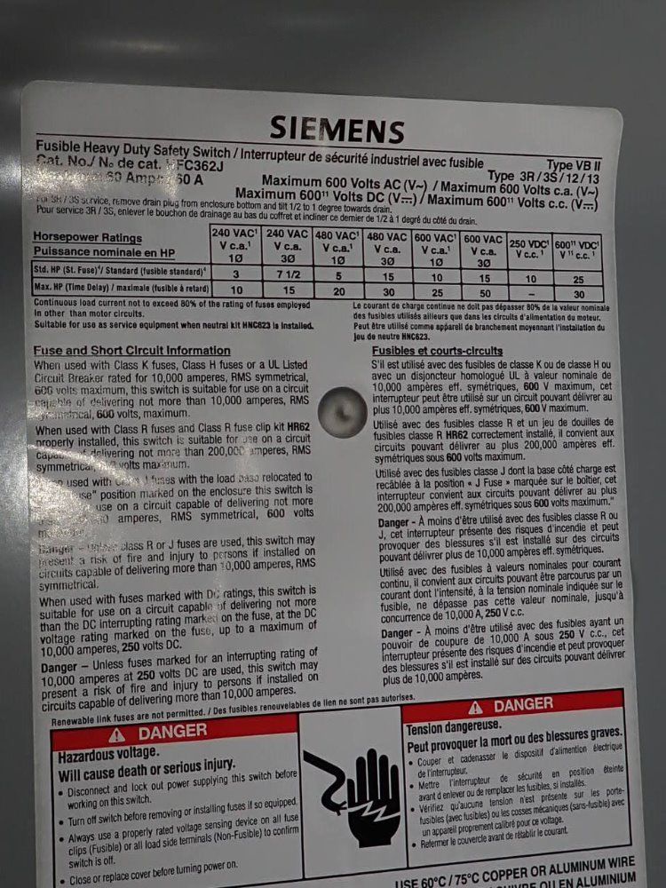 Siemens 60 Amps Fusible Disconnect - Hfc362j