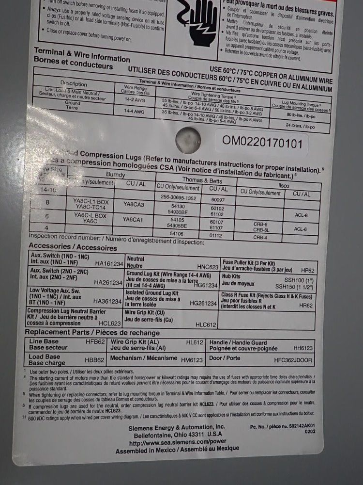 Siemens 60 Amps Fusible Disconnect - Hfc362j
