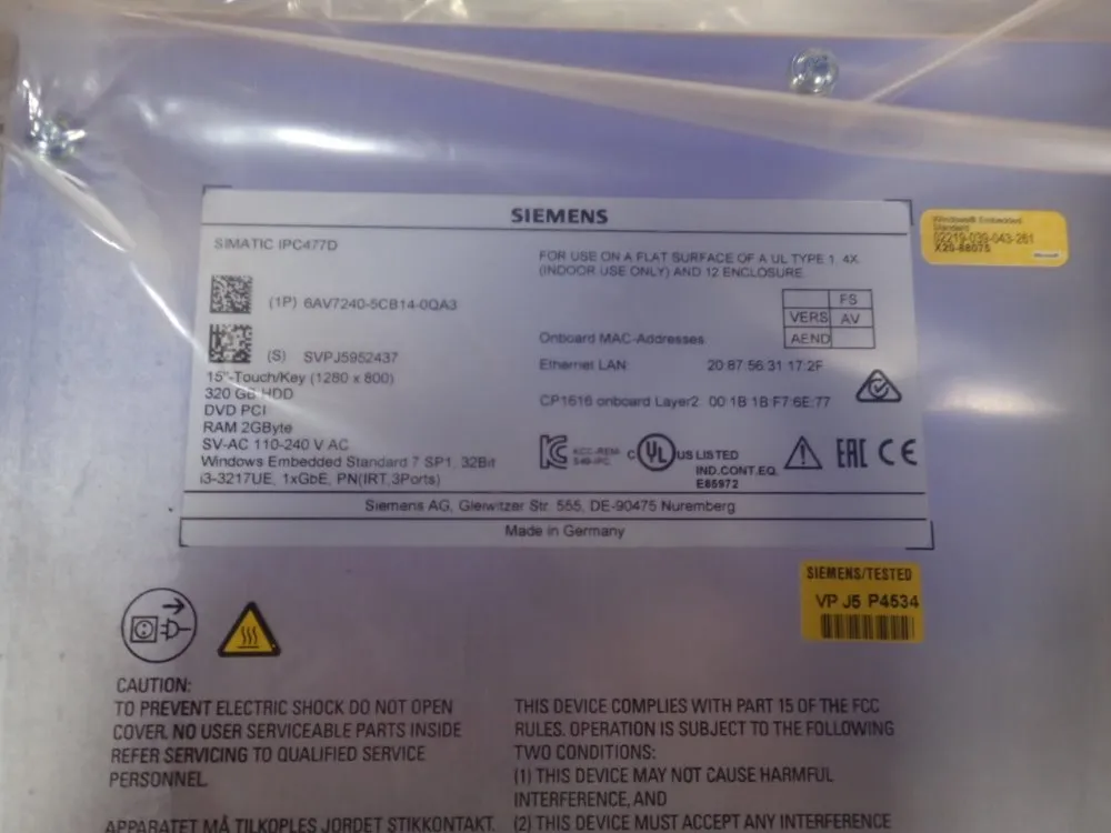 Siemens 15" Control Panel - Simatic Ipc477d
