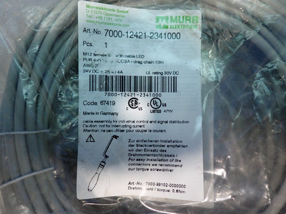Murr Elektronik 10 M M12 Female Connector Cable Assemblies - 7000-12421-2341000