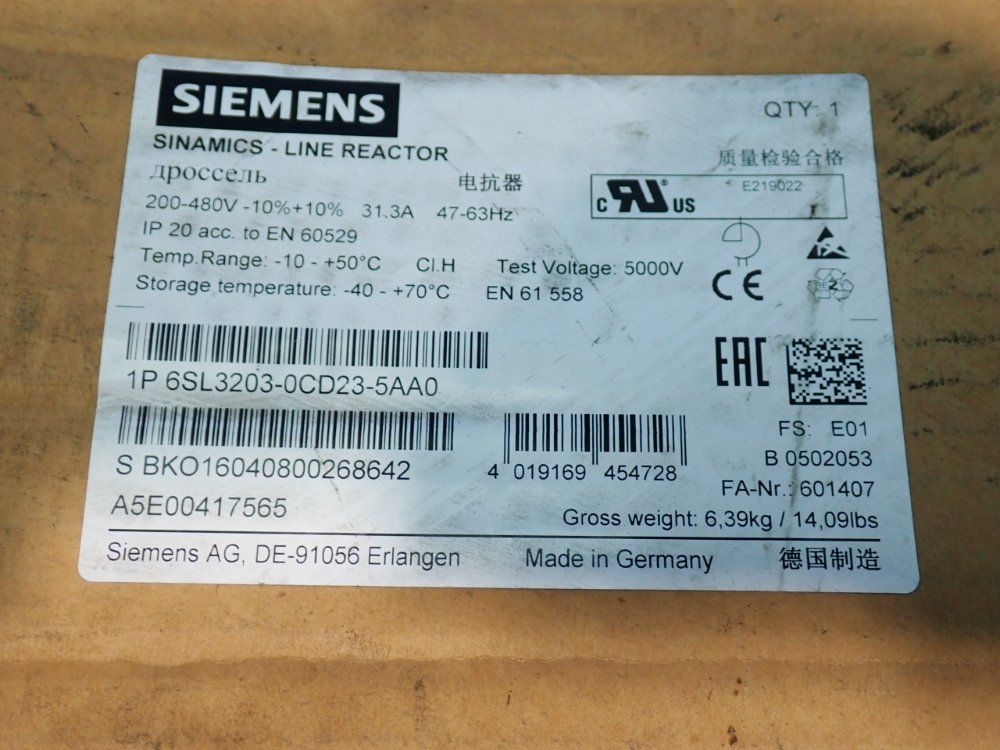 Siemens Sinamics Line Reactor - 6sl3203-0cd23-5aa0