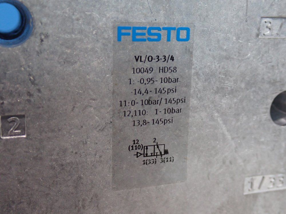 Festo 0.95-10 Bar, 14.4-145 Psi Pneumatic Valve - Vl/o-3-3/4