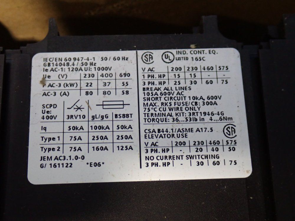Siemens 80 A Power Contactor - 3rt1045-1bb44-3ma0