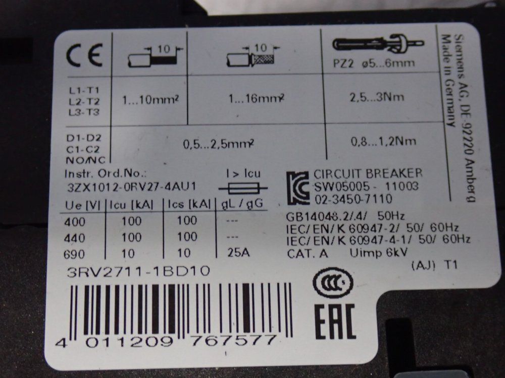 Siemens 2 A Circuit Breaker - 3rv2711-1bd10