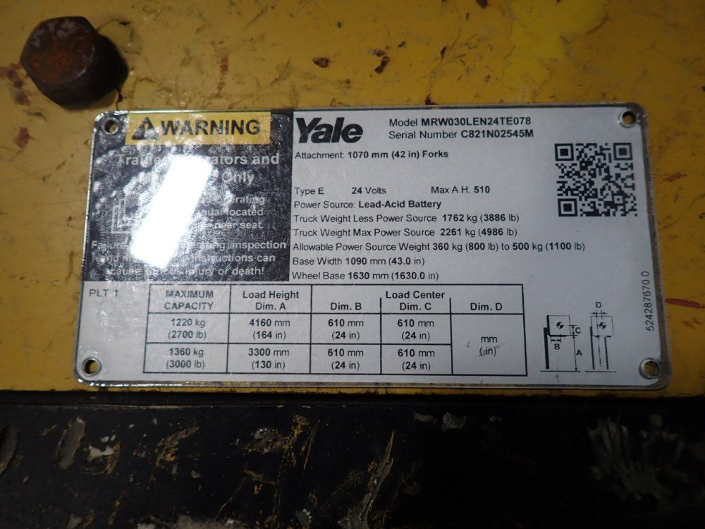 Yale 3000 Lbs Electric Straddle Lift - Mrw030len24te078