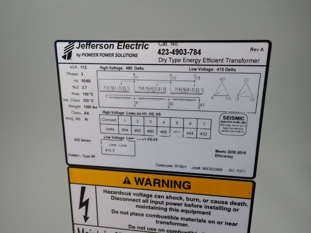 Power Electric 112 Kva Transformer - 423-4903-784