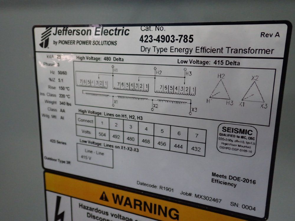 Jefferson Electric 25 Kva Transformer - 423-4903-785
