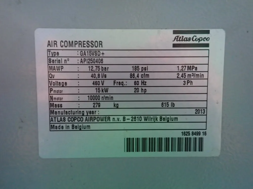 Atlas Copco 20 Hp Air Compressor - Ga15vsd+