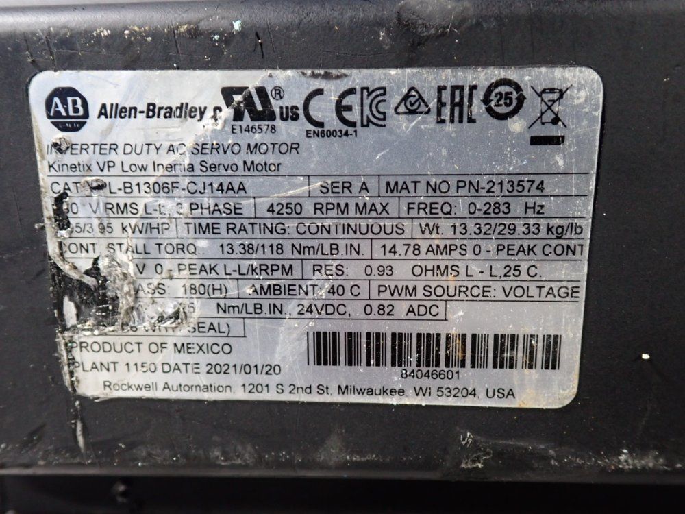 Allen-bradley 3.95 Hp Kinetix Vp Low Inertia Servo Motor - Vpl-b1306f-cj14aa