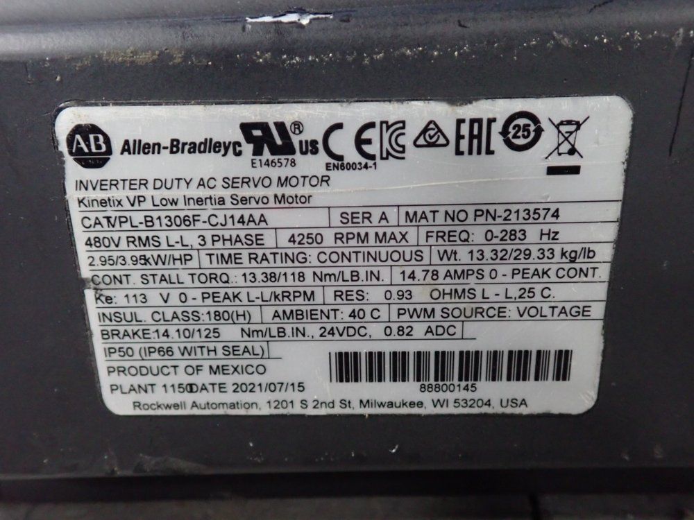 Allen-bradley 3.95 Hp Kinetix Vp Low Inertia Servo Motor - Vpl-b1306f-cj14aa