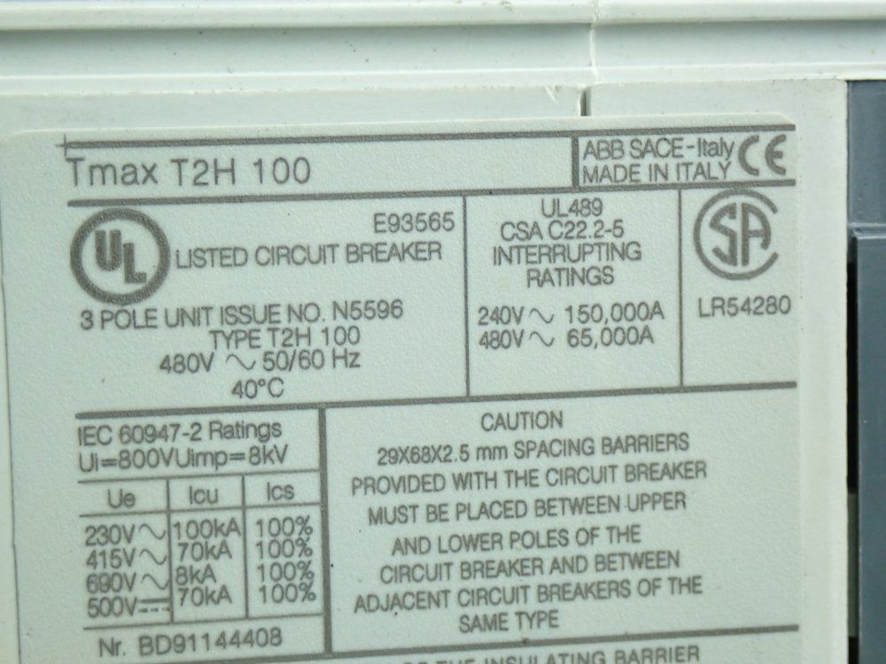 Abb Molded Case Circuit Breaker - Tmax-t2h-100